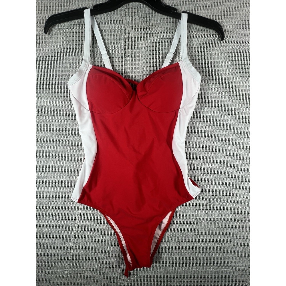 Red & White Color Block Lace‎ Up Corset Back One Piece Swimsuit Size M